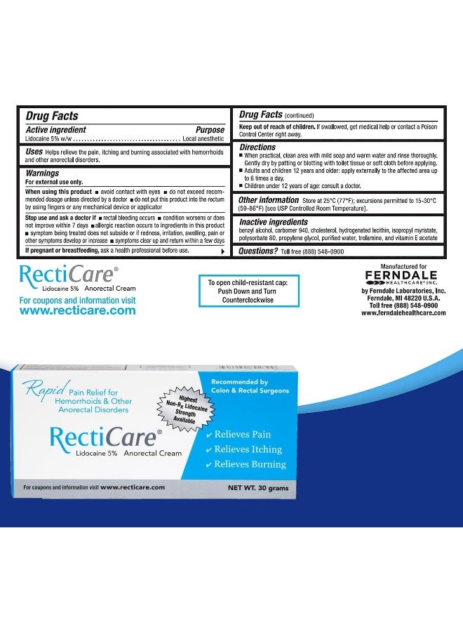 RectiCare Anorectal Lidocaine 5% Cream: Topical Anesthetic Cream for Treatment of Hemorrhoids & Other Anorectal Disorders - 30g Tube - Image 4